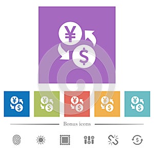 Yen Dollar money exchange flat white icons in square backgrounds