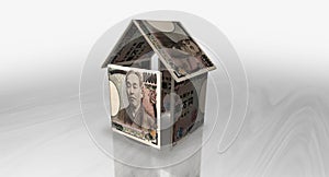 Yen 10000 JPY money banknotes paper house on the table 3d illustration