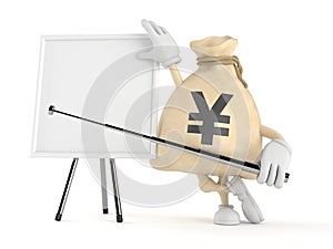 Yen money bag character with blank whiteboard