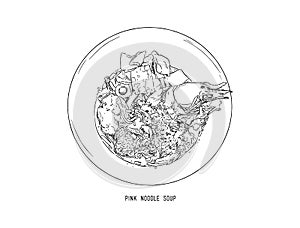 Yen Ta Four, pink noodle soup. hand draw sketch vector.