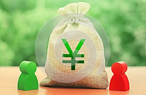 Yen yuan money bag and a deal between two persons. Business lending, leasing. Tender competitiona contract. Negotiation process