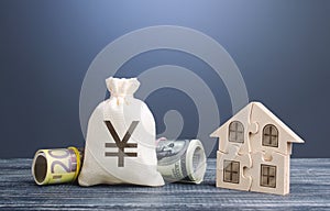 Yen yuan money bag and puzzle house. Mortgage loans building maintenance and utility services costs. Social programs. Housing