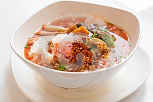 Yentafo noodles in a bowl