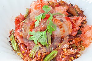 Yentafo red noodle stir fried sea food