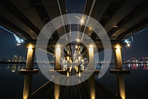 Yeouido hangang riverside park and beautiful nightscape near Mapo bridge during winter night at Yeongdeungpo , Seoul South Korea photo