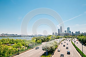 Yeouido modern cityscape and Han river park in Seoul, Korea photo