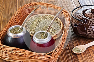 Yerba mate and mate in calabash on a wicker tray