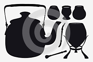 Yerba Mate. Set Silhouettes of Teapot, Calabashes and Bombilla