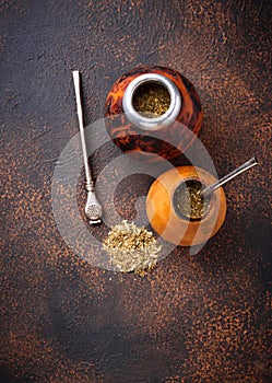 Yerba mate tea with calabash and bombilla.