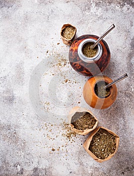 Yerba mate tea with calabash and bombilla.