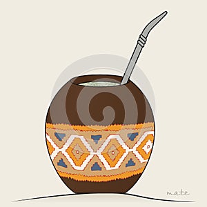 Yerba Mate Tea. Decorated Calabash for Argentine Tradition Beverage
