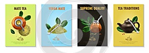 Yerba mate tea realistic vertical posters set with green leaves and traditional accessories on color backgrounds isolated vector