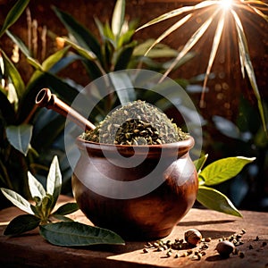 Yerba Mate, traditional herb drink, brewed fresh herbs