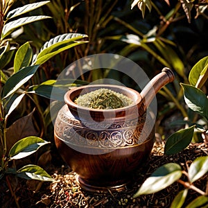 Yerba Mate, traditional herb drink, brewed fresh herbs