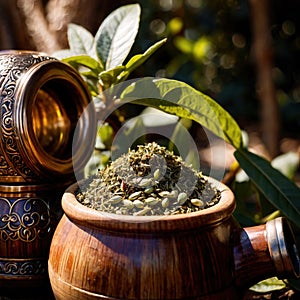 Yerba Mate, traditional herb drink, brewed fresh herbs