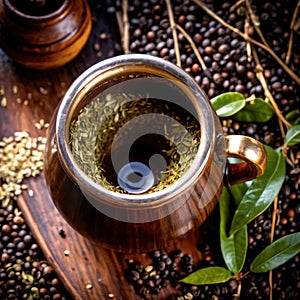 Yerba Mate, traditional herb drink, brewed fresh herbs