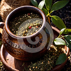 Yerba Mate, traditional herb drink, brewed fresh herbs