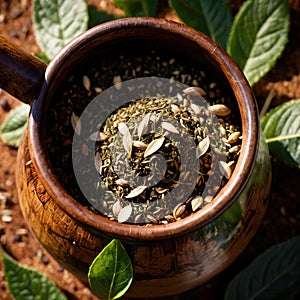 Yerba Mate, traditional herb drink, brewed fresh herbs