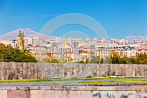 Yerevan, Armenia - 26 September, 2016: A view of Yerevan from Genocide memorial in sunny day and view on Ararat