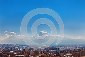 Yerevan, Armenia - 26 September, 2016: A view of Yerevan from Cascade complex in sunny day and view on Ararat