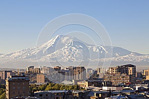 Yerevan, capital of Armenia at the sunrise with the Mount Ararat on the background.