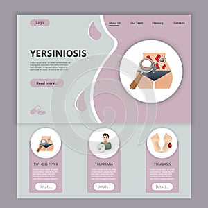Yersiniosis flat landing page website template. Typhoid fever, tularemia, tungiasis. Web banner with header, content and photo