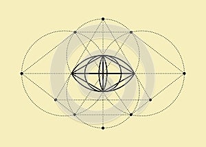 Vesica piscis Sacred geometry. All Seeing eye, the third eye or The Eye of Providence inside triangle pyramid. The eye of Phi sign photo