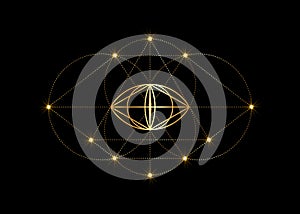 Vesica piscis gold Sacred geometry. All Seeing eye, the third eye or The Eye of Providence inside triangle pyramid. The Phi mystic photo