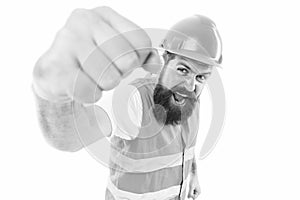 Yes we can. Man engineer protective uniform white background. Bearded brutal hipster safety engineer. Engineering career