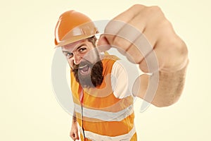 Yes we can. Man engineer protective uniform white background. Bearded brutal hipster safety engineer. Engineering career