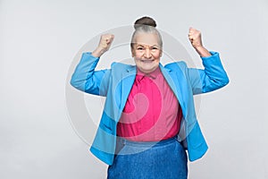 Yes! Happiness success woman rejoicing win