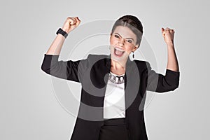 Yes, i win! Happiness optimistic businesswoman rejoicing victory