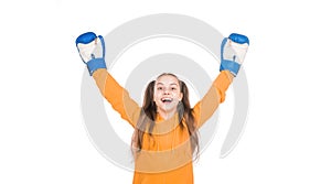 yes. knockout. happy kid celebrate victory. winner of fight. teen girl in boxing gloves.