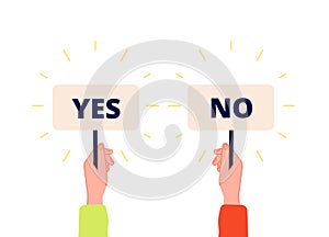 Yes no banner. Choice, vote icons. Businessman hand holding plates with positive and negative sign. Select true or false