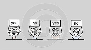 yes and no banner set boy and girl hold poster overhead for kids shcool grey background vector doodle illustration