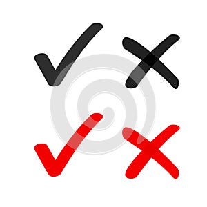 Yes no check box list marker ticks icons vector isolated, x close handdrawn cross, ok doodle poll vote checkmark, right photo