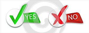 Yes and No check marks. Cross check mark icons, flat round buttons set.