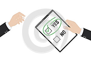 Yes no checked with green marker line, yes selected with red tick and circled, concept of motivation, voting, test, positive