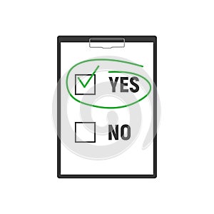 Yes no checked with green marker line, yes selected with red tick and circled, concept of motivation, voting, test, positive