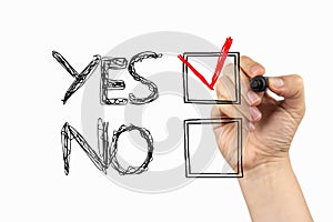 Yes or No choice. Positive decision in checkbox on a whiteboard, written with black and red marker in a hand.