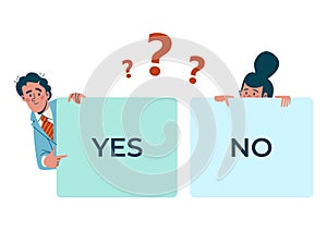 Yes or no choice, question sign concept, vector illustration, flat man woman character hold card with answer, choose