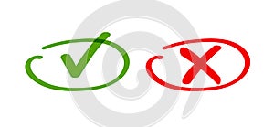 Yes no or dos and don`ts drawn written check mark cross hand drawn graphic red green clipart, false true tips instructions elemen