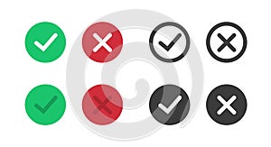 Yes no icon sign vector or ok correct and incorrect red green symbol pictogram, tick check mark verify and cross x wrong fail