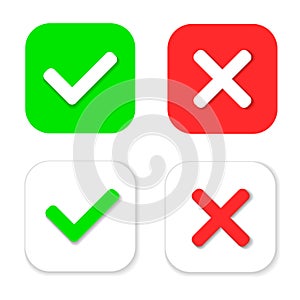 Yes or No icons. Green check mark and red cross icon isolated on