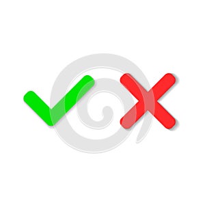 Yes or No icons. Green check mark and red cross icon isolated on photo