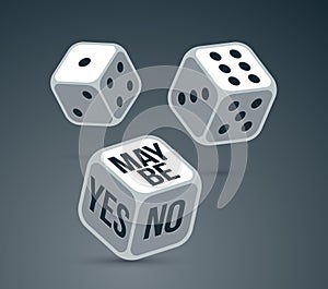 Yes or no or maybe dice rolling chance vector illustration, make a decision and say concept.