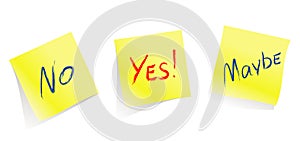 Yes / No / Maybe / yellow note pages / vector