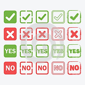 Yes and No square icons in silhouette and outline set