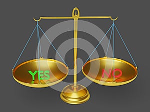 Yes and no text in balance scale 3d rendering