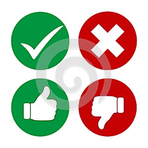 Yes, No, Thumbs up and down icons. Green and red thumb icon up and down photo